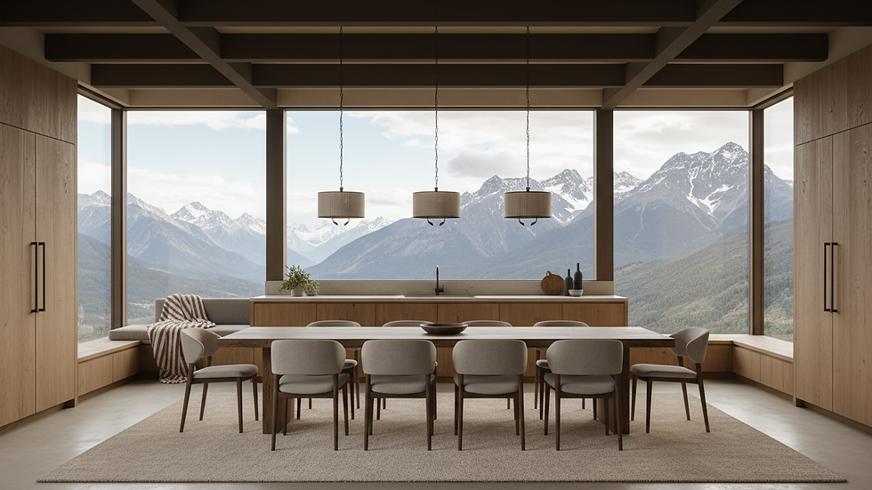 Wide angle view of an open-plan kitchen and dining area with mountain views