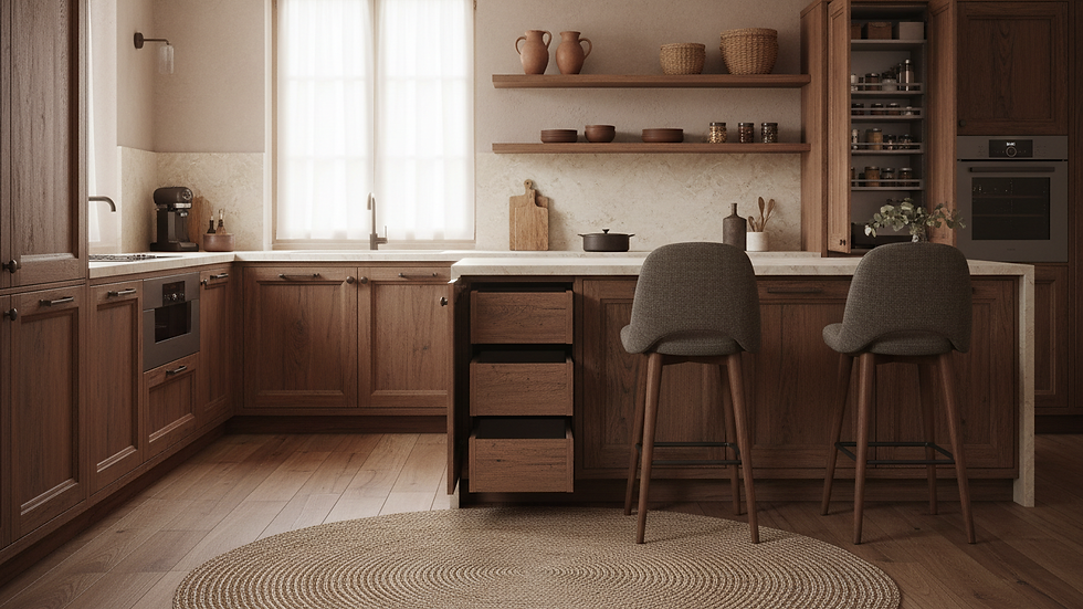Close-up view of modular kitchen with integrated smart storage