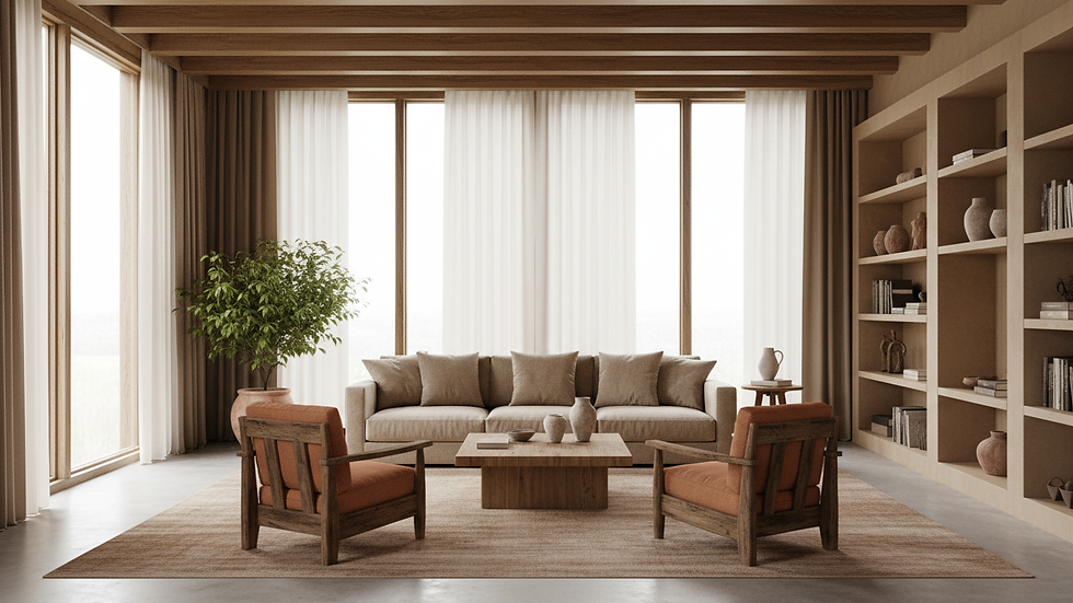 Eye-level view of a spacious living room with large windows and natural light