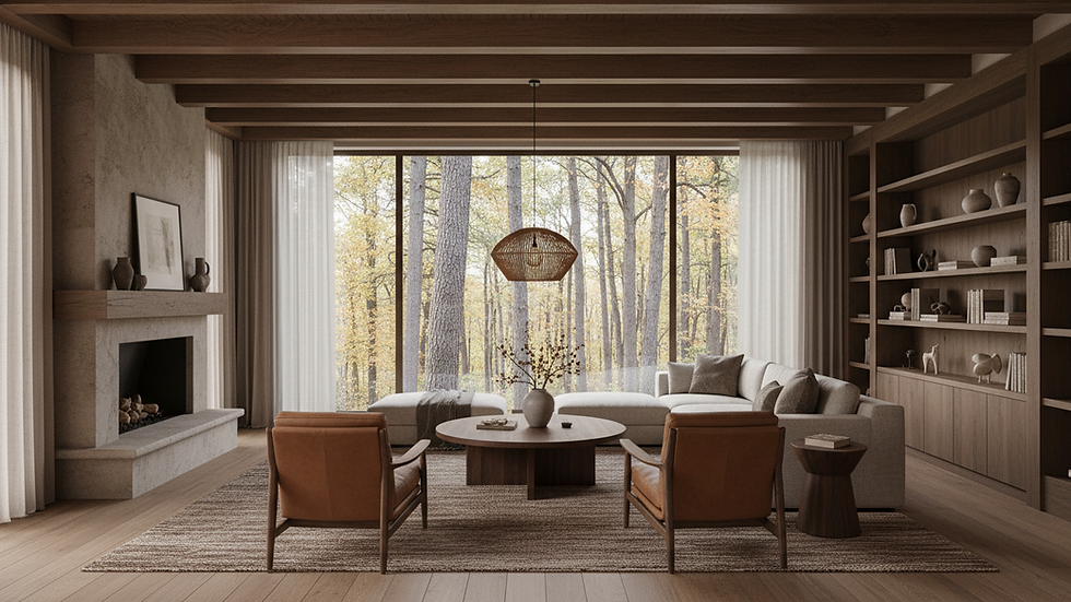 Eye-level view of a spacious living room with large windows overlooking a forest
