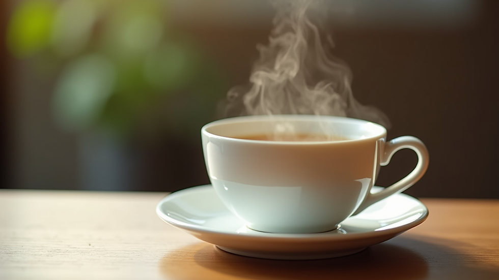 Eye-level view of a steaming cup of white tea on a wooden table