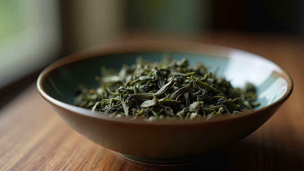 Close-up view of rolled oolong tea leaves in a ceramic bowl