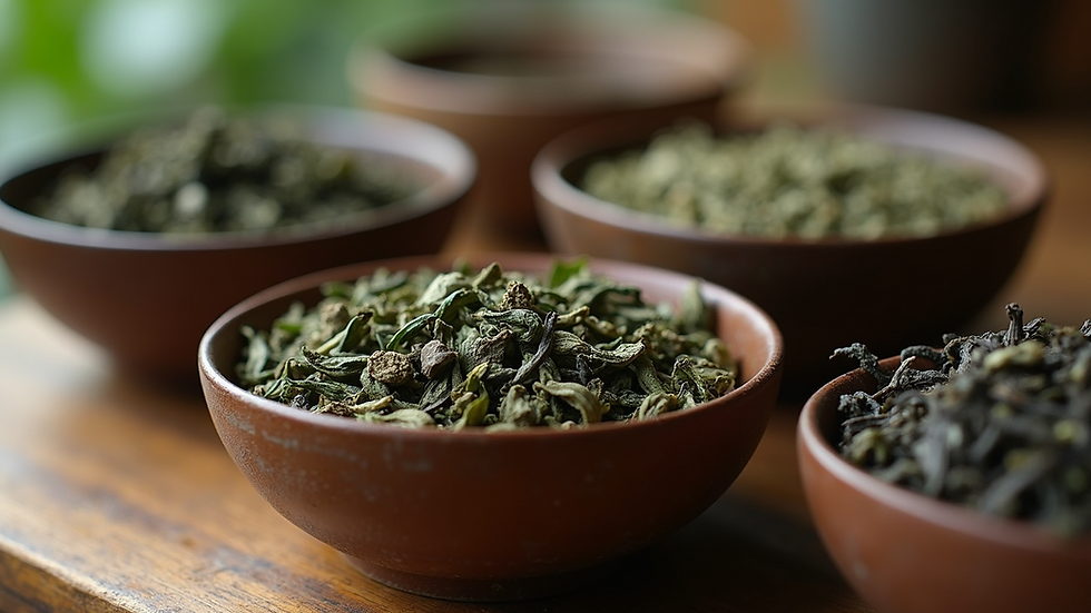 Close-up view of assorted tea leaves in bowls