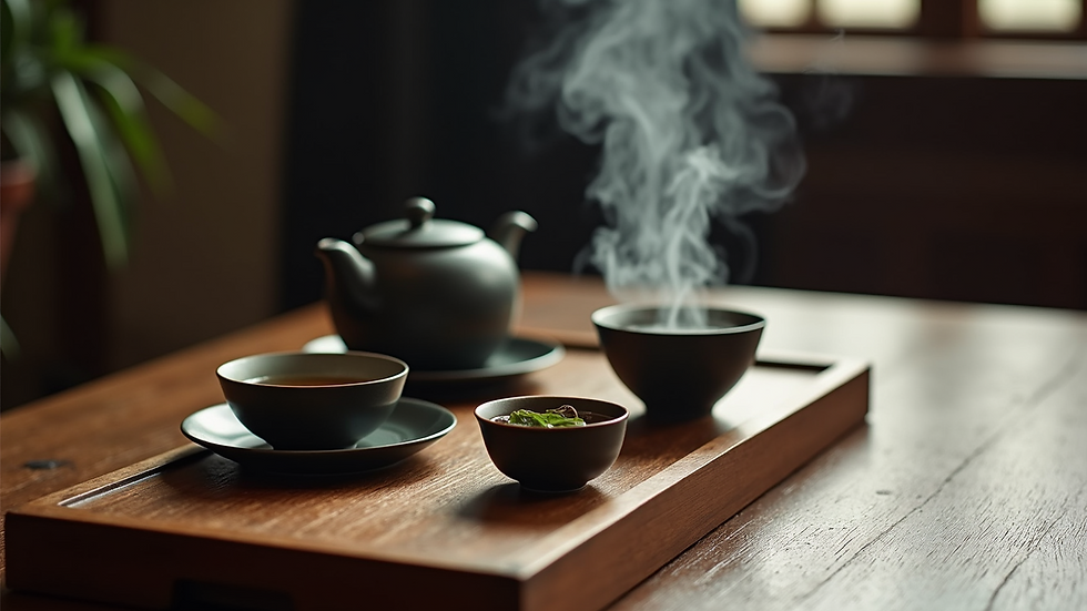 Eye-level view of a traditional Chinese tea set with oolong tea brewing