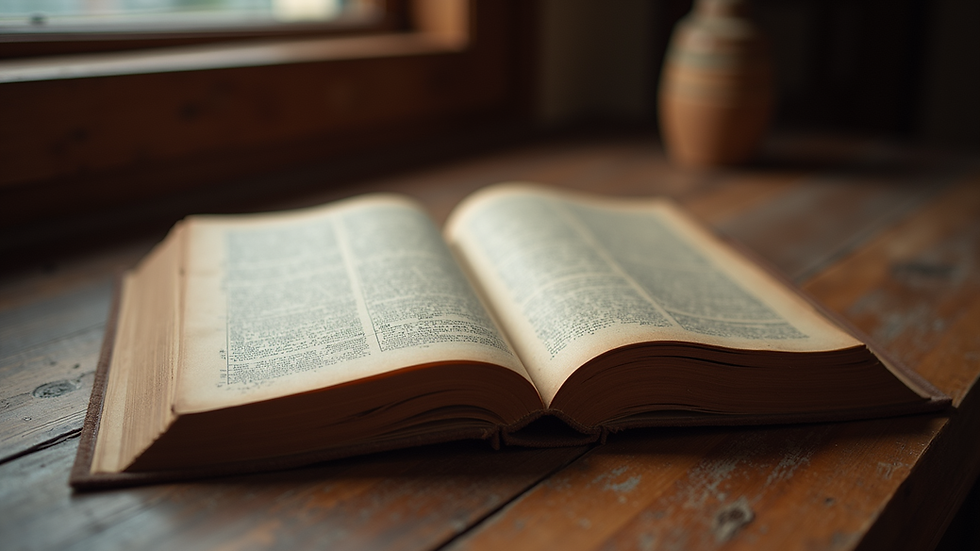 Eye-level view of an ancient manuscript on a wooden table