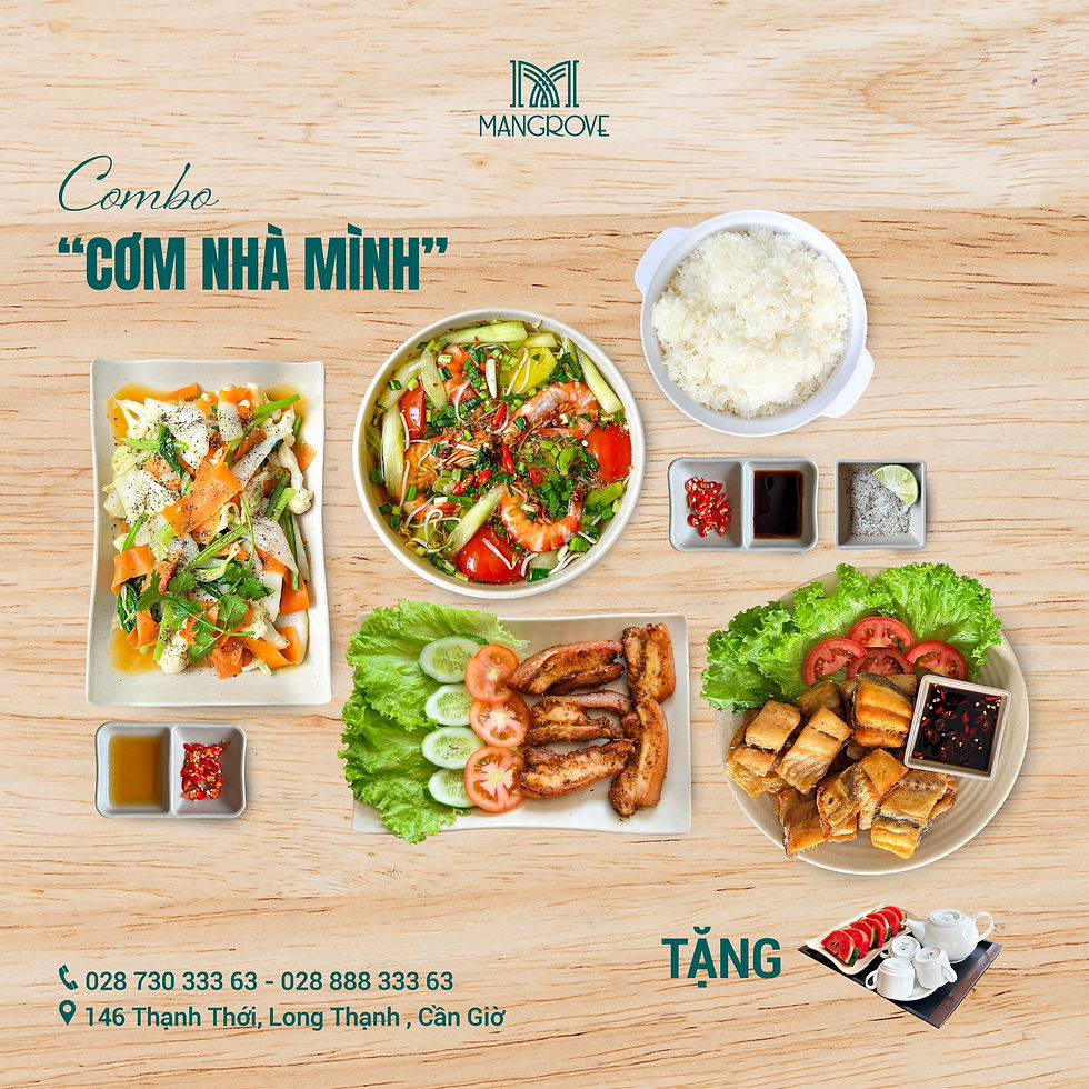 Combo 3 “Cơm Nhà Mình”: Canh chua tôm, thịt ba rọi chiên sả ớt, cá dứa một nắng chiên, rau thập cẩm xào – mâm cơm đủ đầy, tròn vị sum vầy.