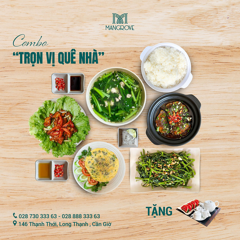 Combo 1 “Trọn Vị Quê Nhà”: Đậm chất cơm nhà với trứng chiên hàu, thịt rang cháy cạnh, cá ngát kho tộ, rau muống xào tỏi và canh cải thịt bằm.