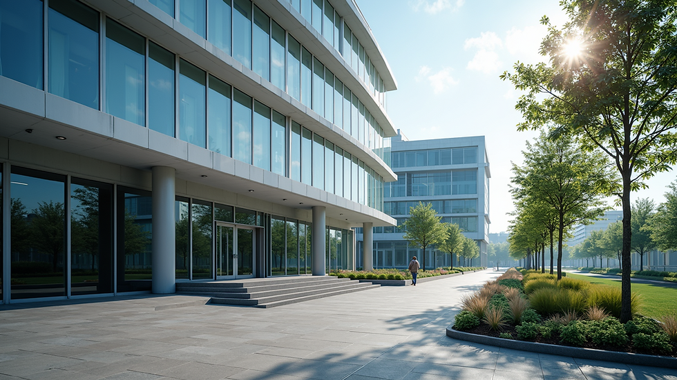 Wide angle view of a modern office building exterior