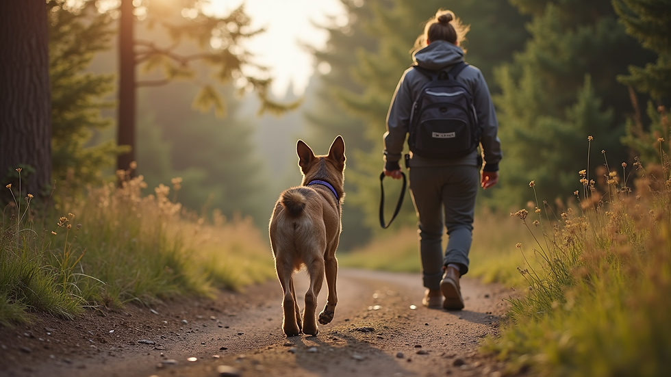Eye-level view of a dog and trainer walking together on a trail