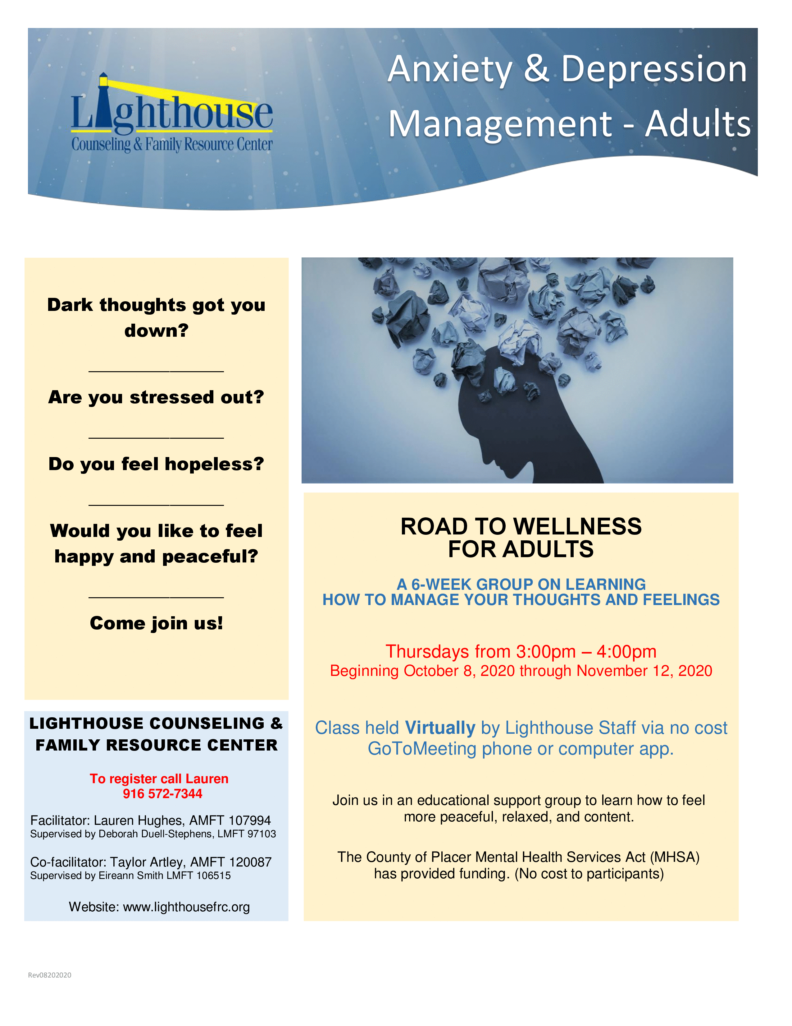 Road to Wellness Adult Virtual_rev082020 Thursdays from 3:00pm to 4:00pm call (916) 572-7344