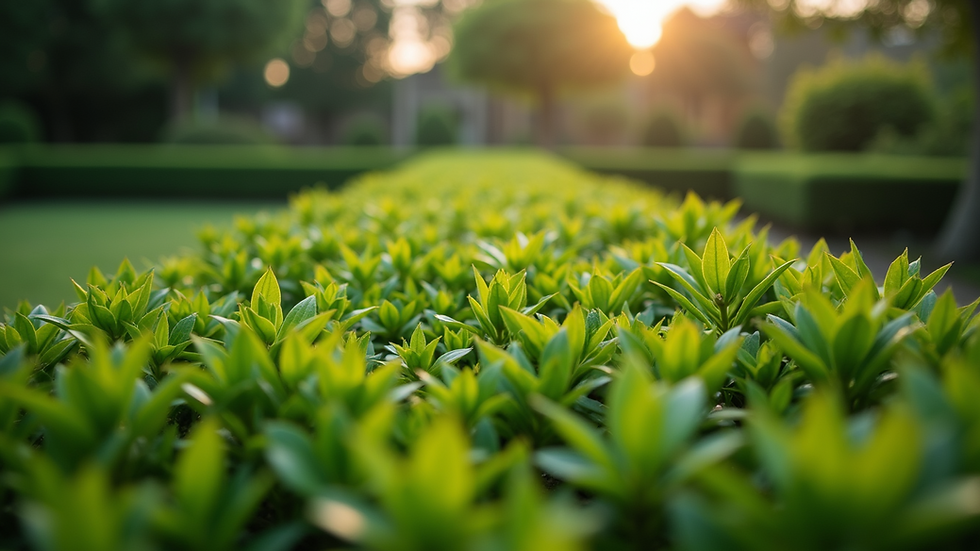 Eye-level view of a neatly trimmed hedge in a garden