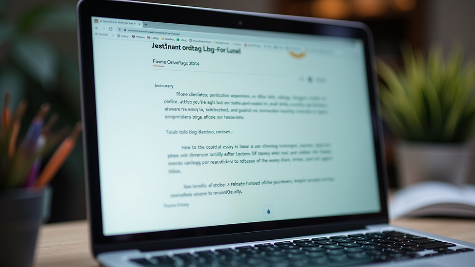 Close-up view of a laptop screen showing a college essay draft