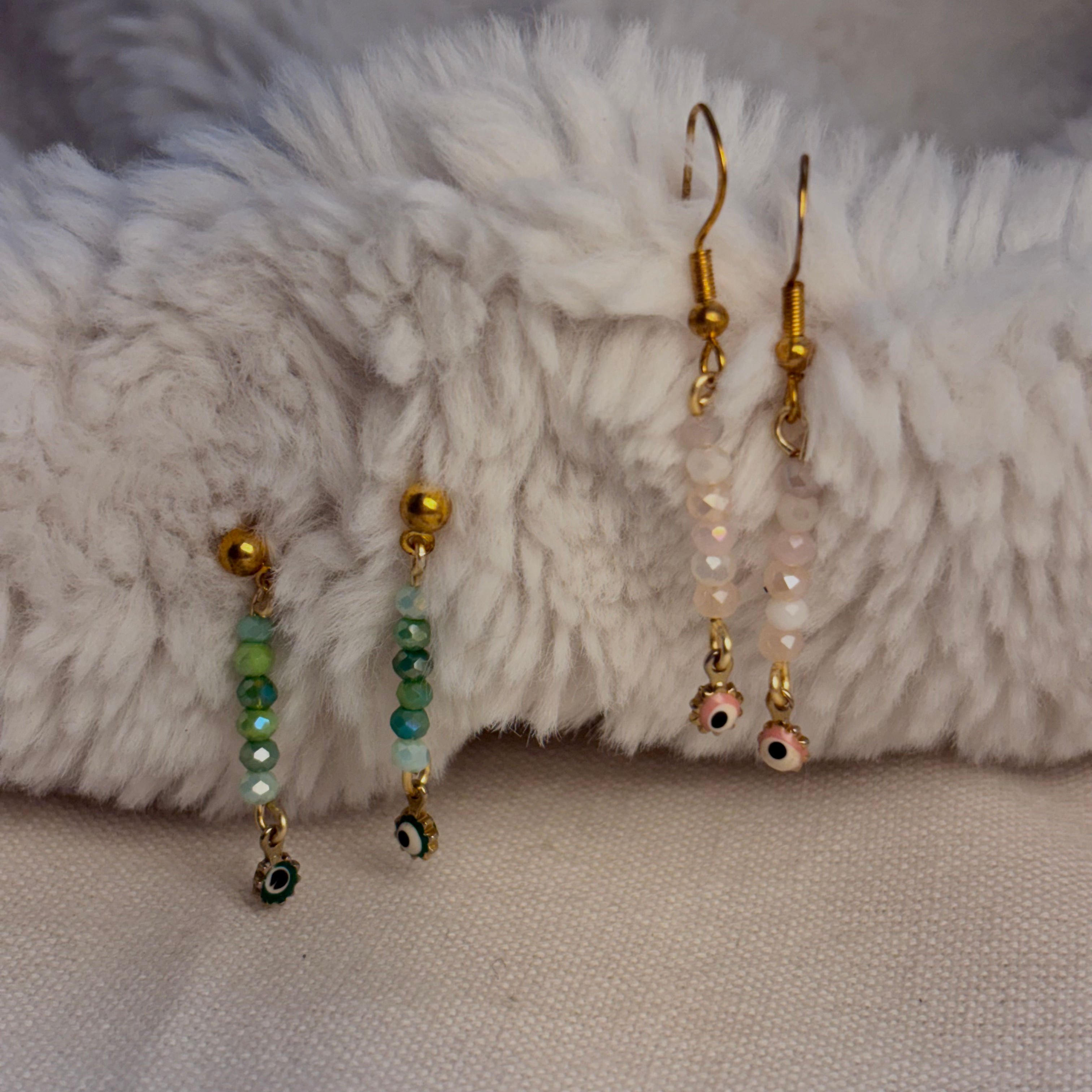 Dangle Earrings - Faceted Crystal & Mini Evil Eye