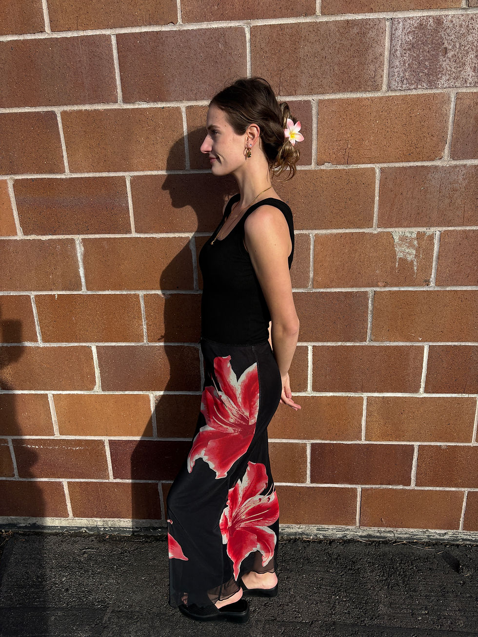 Thumbnail: Black Mesh Maxi Skirt with Red Tropical Flowers