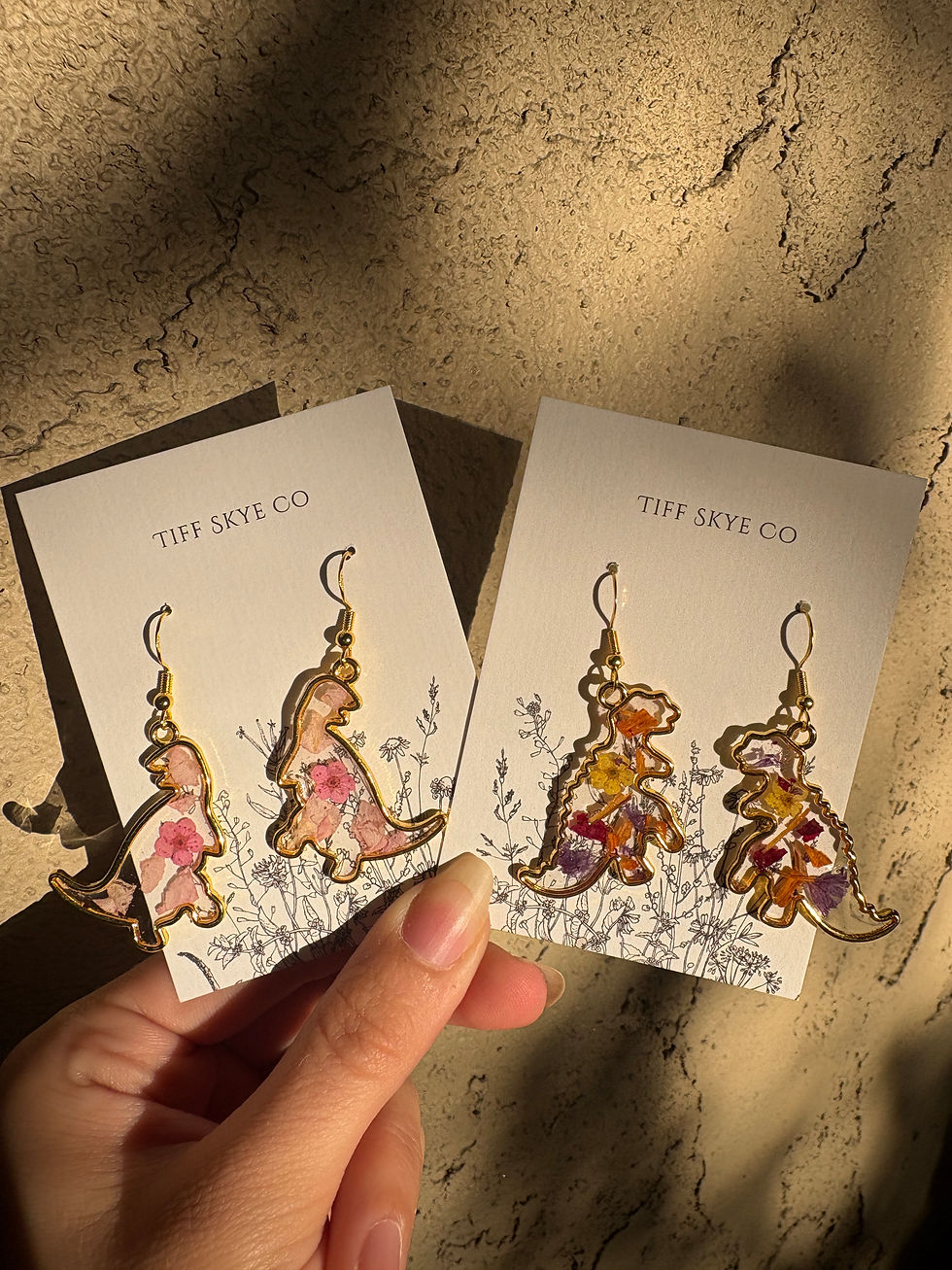 Thumbnail: Pressed Flower Gold Dino Earrings 