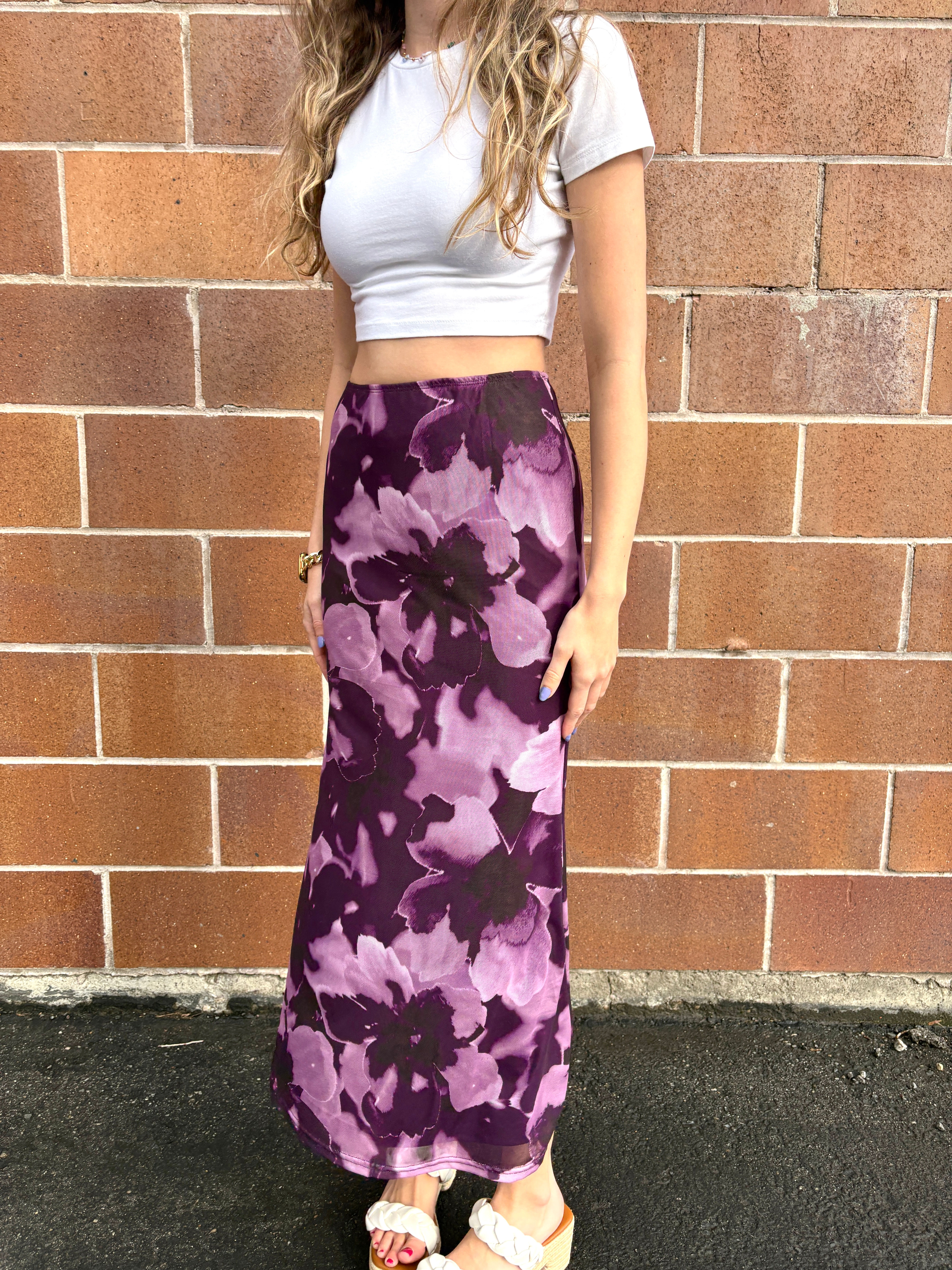 Purple Flower Mesh Maxi Skirt