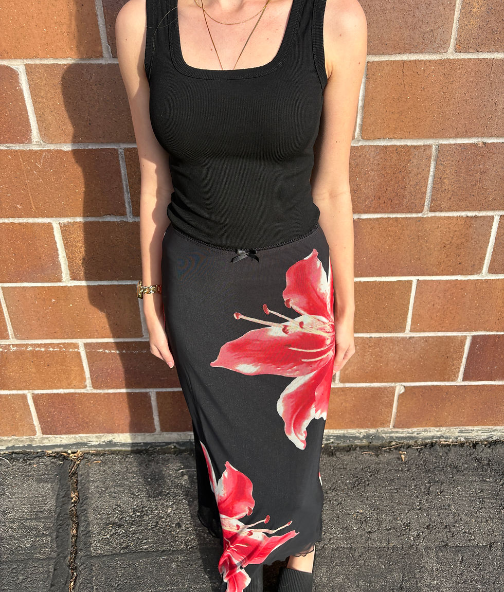 Thumbnail: Black Mesh Maxi Skirt with Red Tropical Flowers