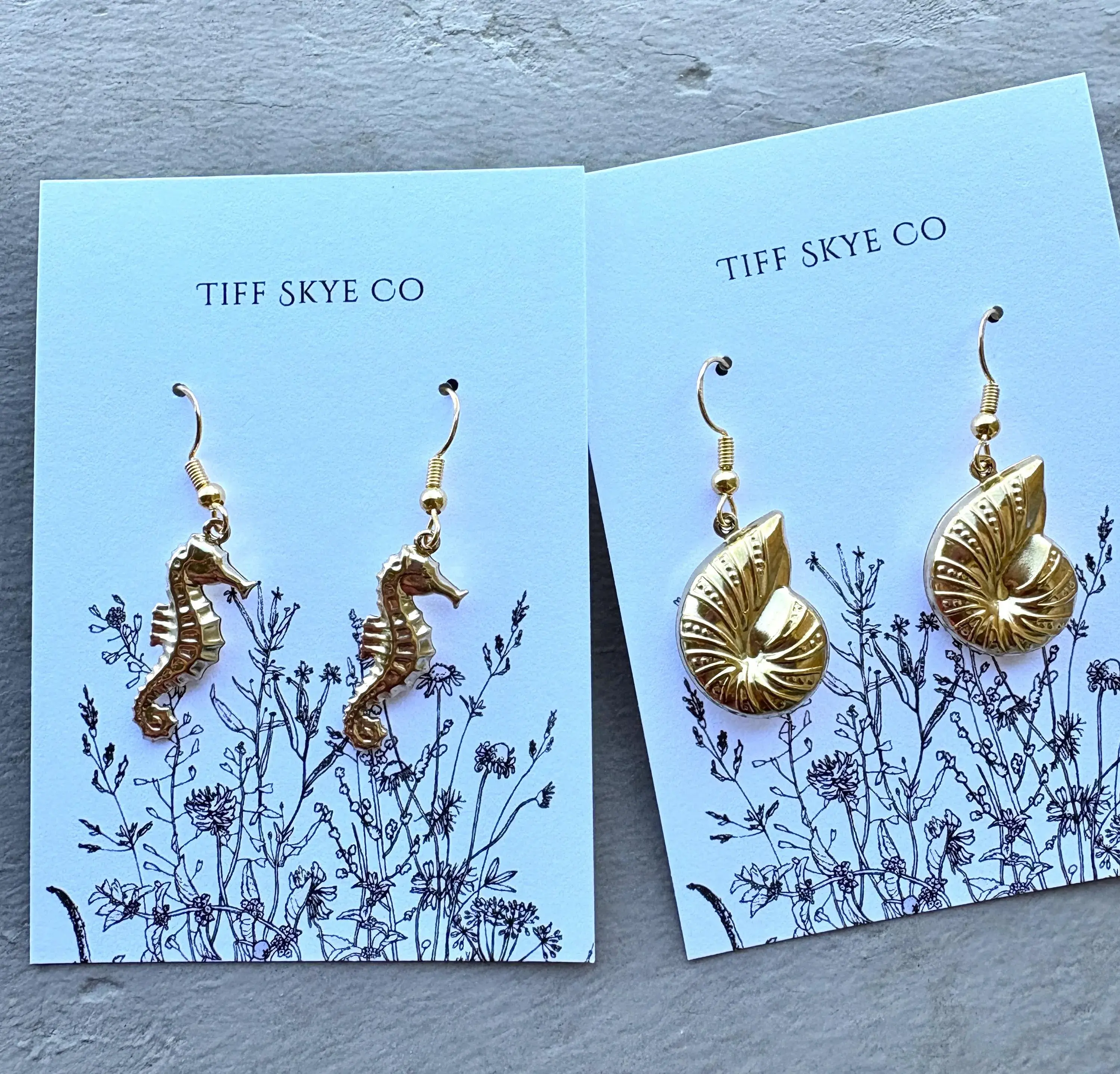 Gold Seahorse & Conch Shell Earrings