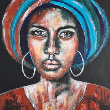 Portrait d'une femme, turban coloré, boucles d'oreilles, GéA-art