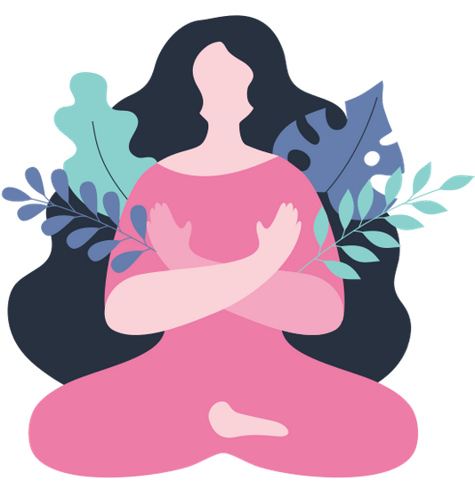Illustration of a person in a pink outfit, sitting in a meditation pose. Blue and green leaves in the background. The mood is thoughtful.