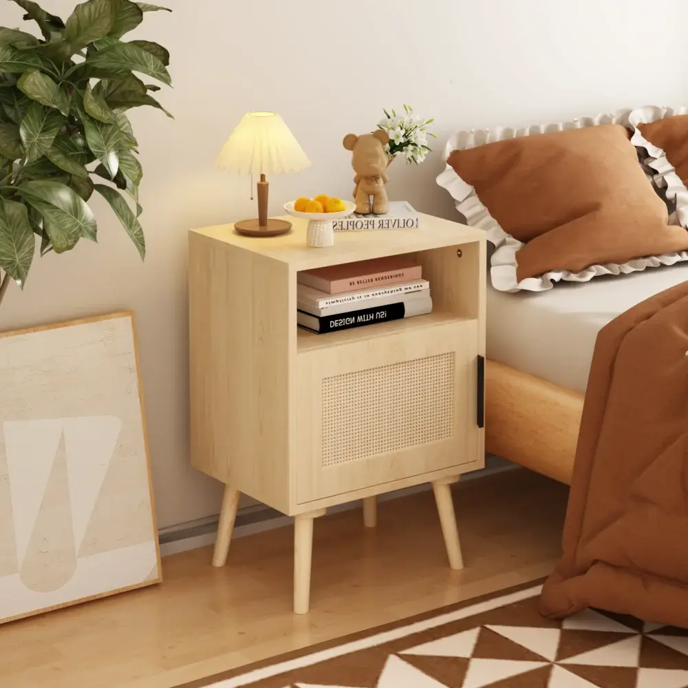 Rattan Nightstand with Door, Open Shelf and Solid Wood Legs