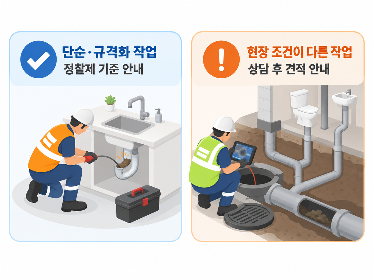 단순·규격화 작업은 정찰제, 현장 조건이 다른 작업은 상담 후 견적을 안내하는 그림