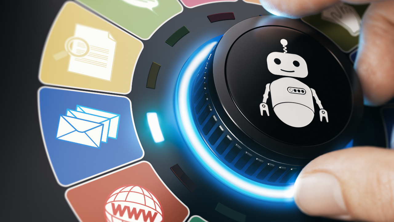 Hand turning dial with robot icon, symbolizing AI-driven automation tools.