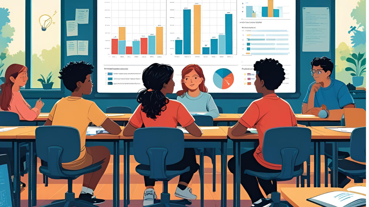 Students in a classroom reviewing charts and graphs on a large presentation screen.

