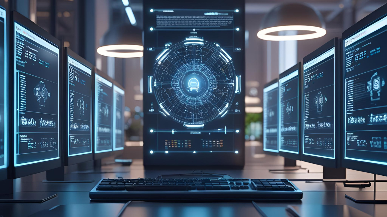 Futuristic dashboard showing real-time data flows and code, representing data governance in AI systems.