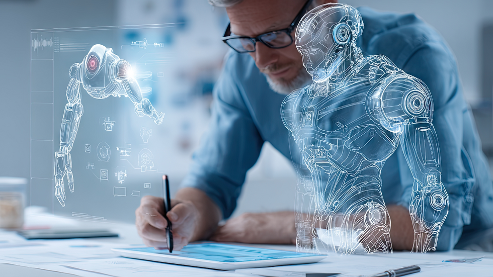Engineer designing holographic robot, highlighting AI economic impact on innovation and industry.