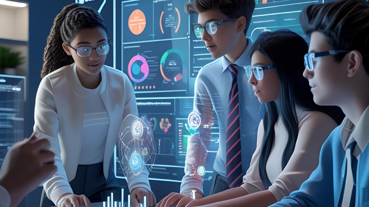 Students using holographic and digital data interfaces for collaborative learning in education.