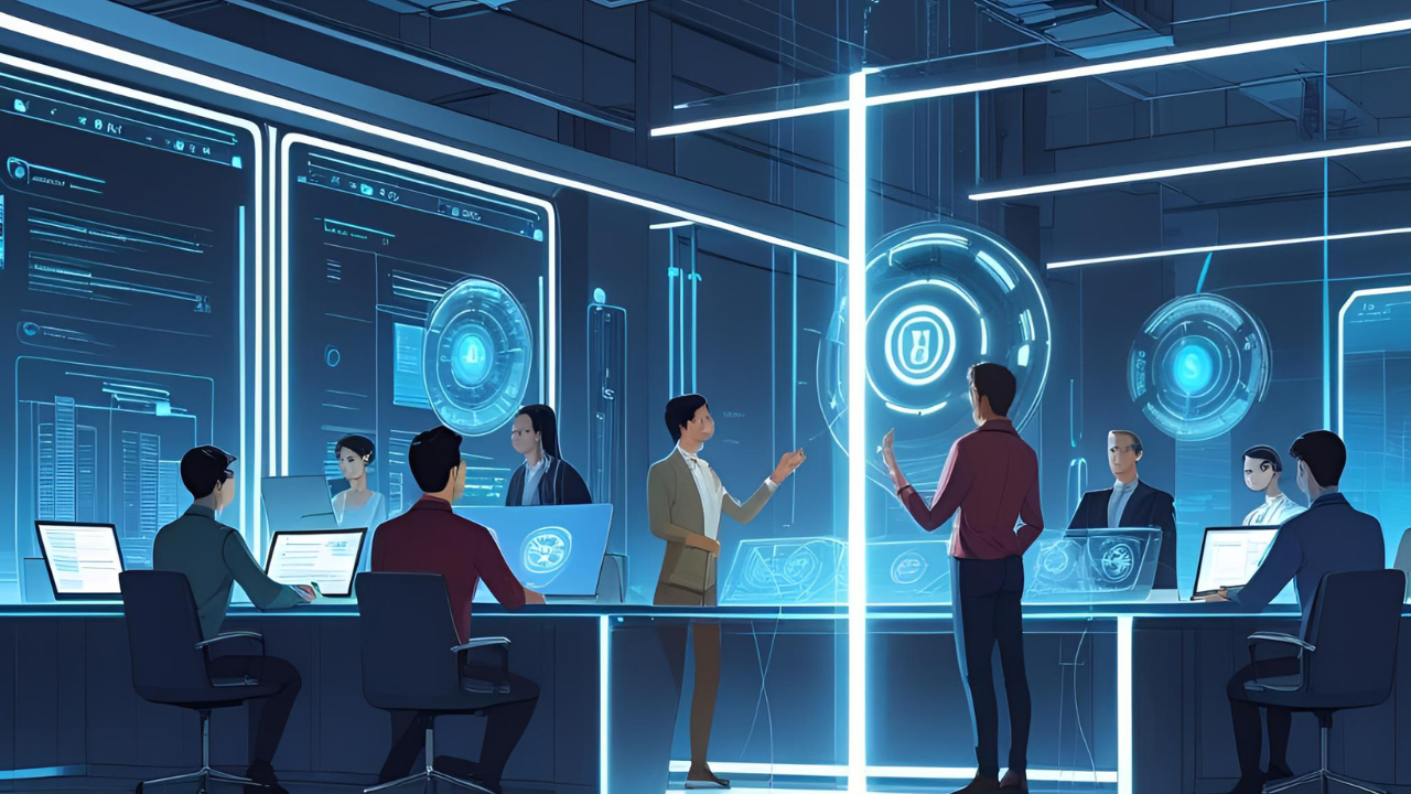 Team collaborates in a futuristic operations room, illustrating cloud modernization with AI through real-time system coordination and digital interfaces.