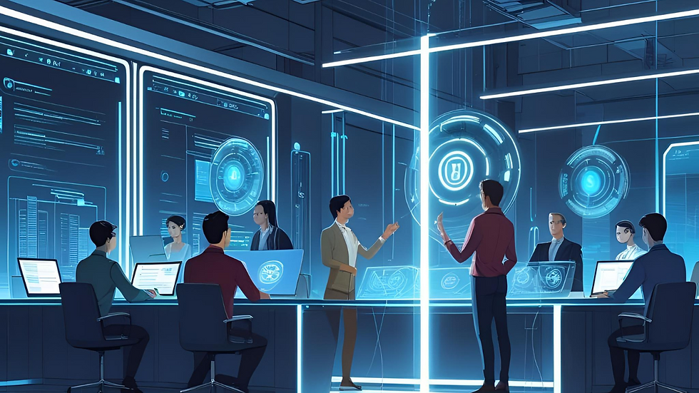Team collaborates in a futuristic operations room, illustrating cloud modernization with AI through real-time system coordination and digital interfaces.