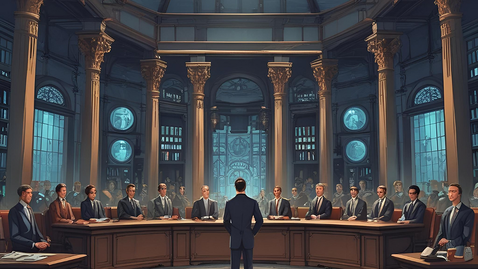 Formal boardroom meeting highlighting discussions around data governance in AI within a grand institutional setting.