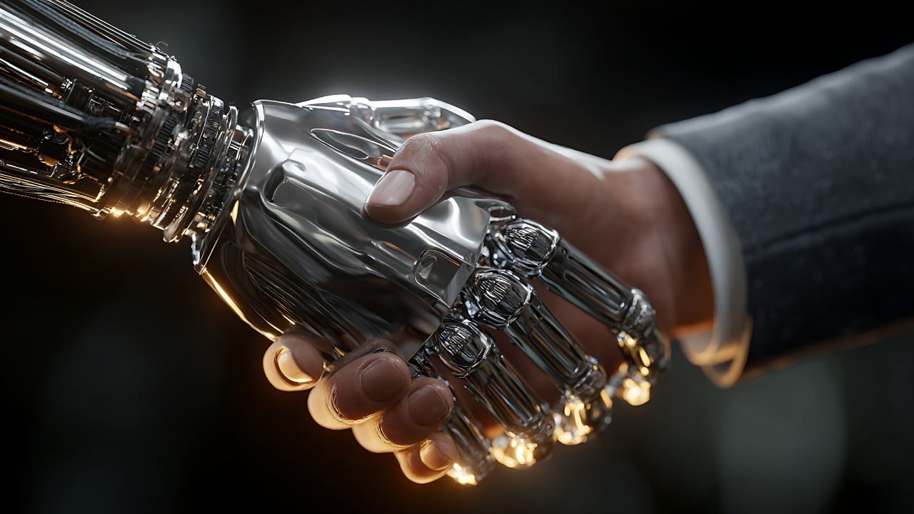 AI robot analyzing data while digital holograms of business professionals collaborate in background.