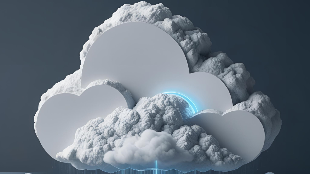 Visual metaphor of layered cloud shapes and digital arcs representing cloud modernization with AI and scalable infrastructure transformation.