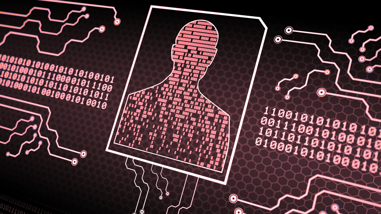 "Digital illustration of a human silhouette made of binary code, surrounded by circuit board patterns and data streams—symbolizing identity, data processing, and AI application modernization.
