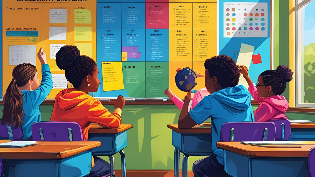 Elementary students engaging with a colorful classroom board for interactive project-based learning.
