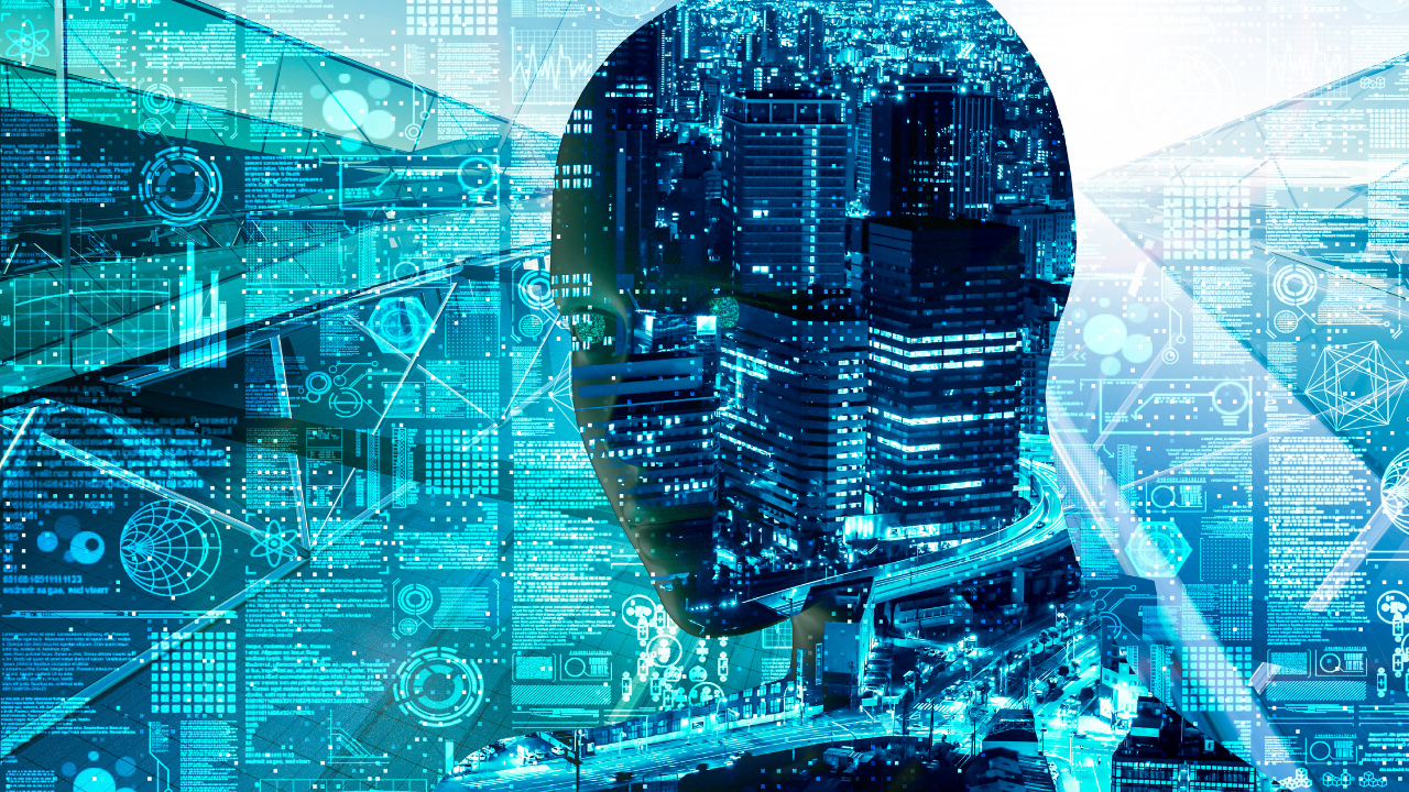 AI silhouette over city data, visualizing AI-powered enterprise apps in smart cities.