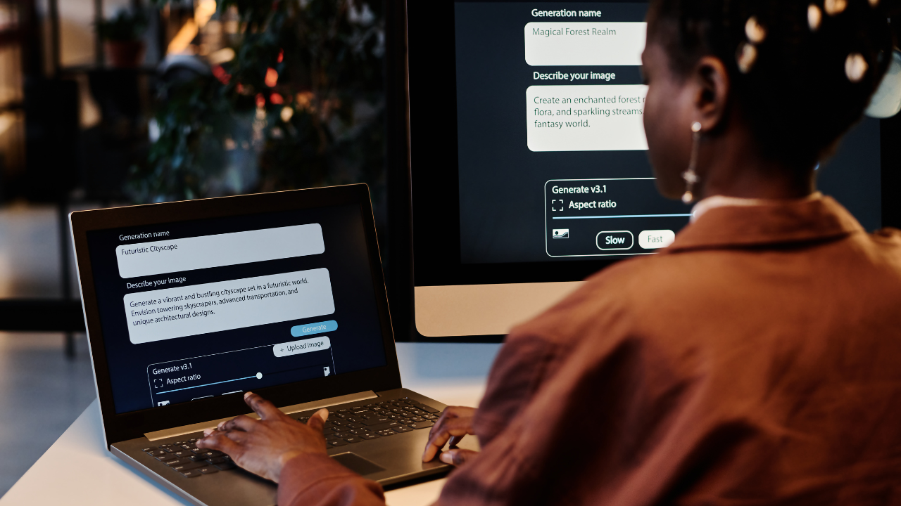 A woman interacting with a generative AI tool on a laptop, visually capturing the agentic nature of AI systems that respond creatively and autonomously to user prompts.