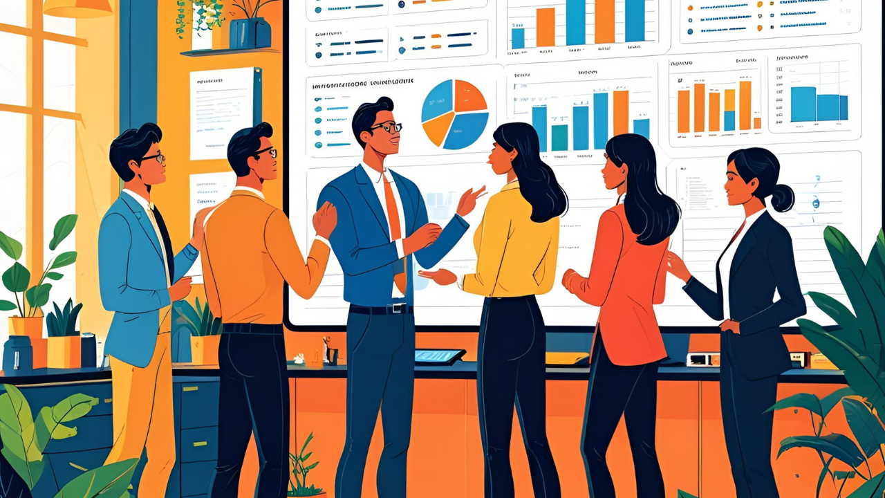 Team analyzing business dashboards, discussing strategies that support AI data readiness through collaboration and visual data insights.