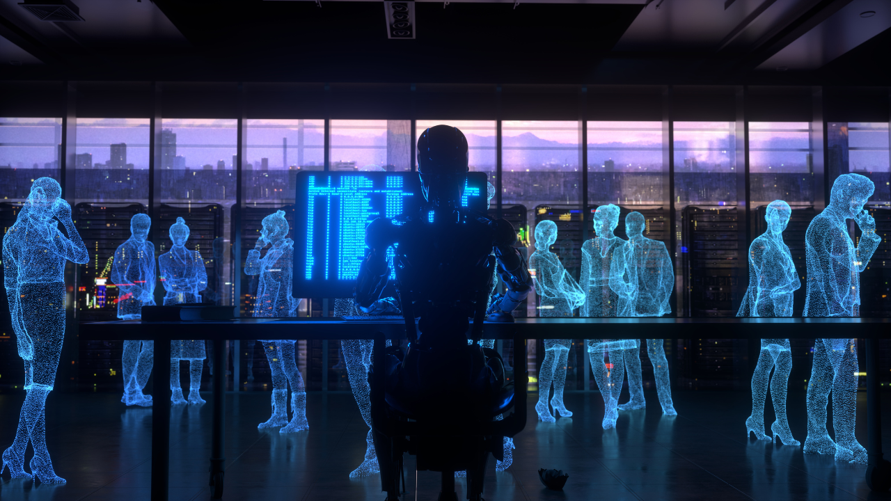Person typing on laptop with holographic AI face and data analytics charts overlay.