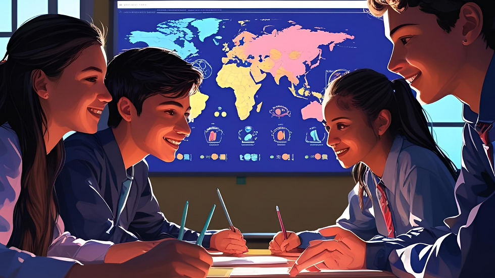 Group of students working together in front of a digital world map display, representing AI-supported learning.