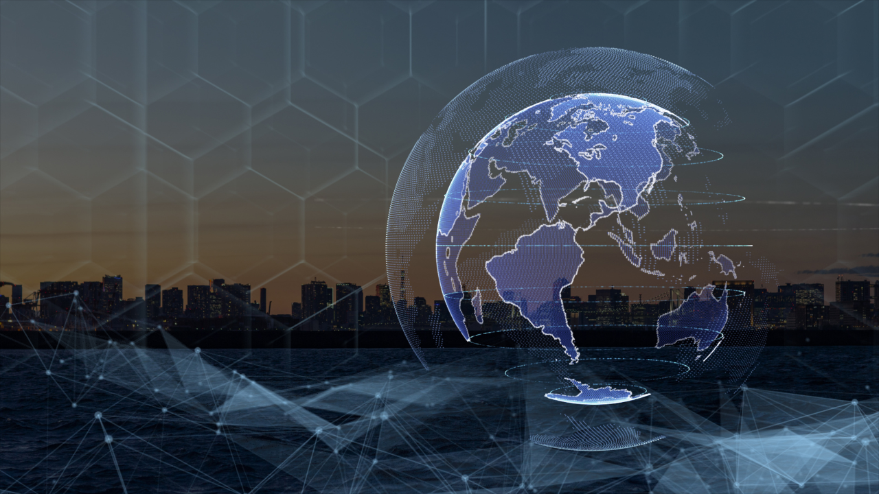 Digital globe and data lines over cityscape, symbolizing global custom AI model training.