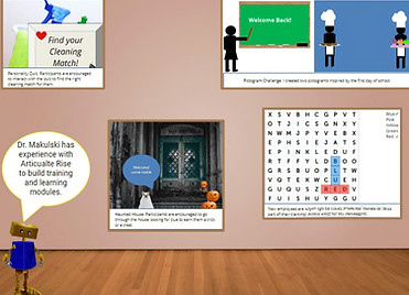 An example of a portfolio page. A robot with a call out bubble about their head saying, Dr. Makulski has experience with Articulate Rise to building training and learning modules. There are four photos in the room showing the trainings.