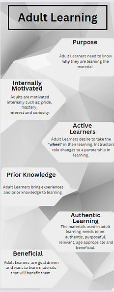 Training manual that says, "Adult Learning."