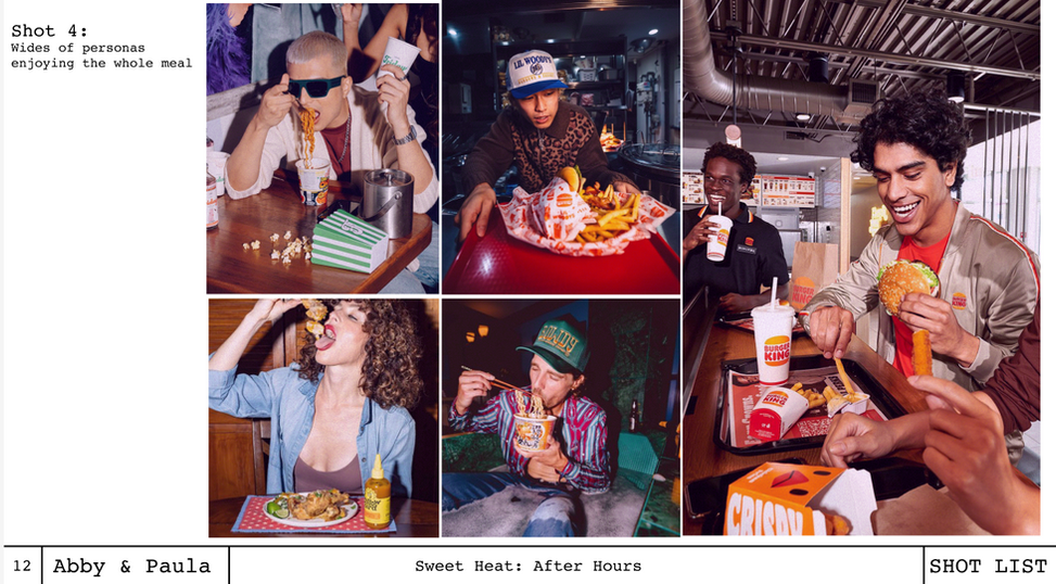 Shot four - a wide of people eating messily.
