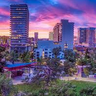 Reno skyline in the evening with colorful clouds.