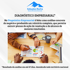 Logomarca da empresa, um texto definindo o que é diagnóstico empresarial e a iamgem de pessoas reunidas avaliando resultados.