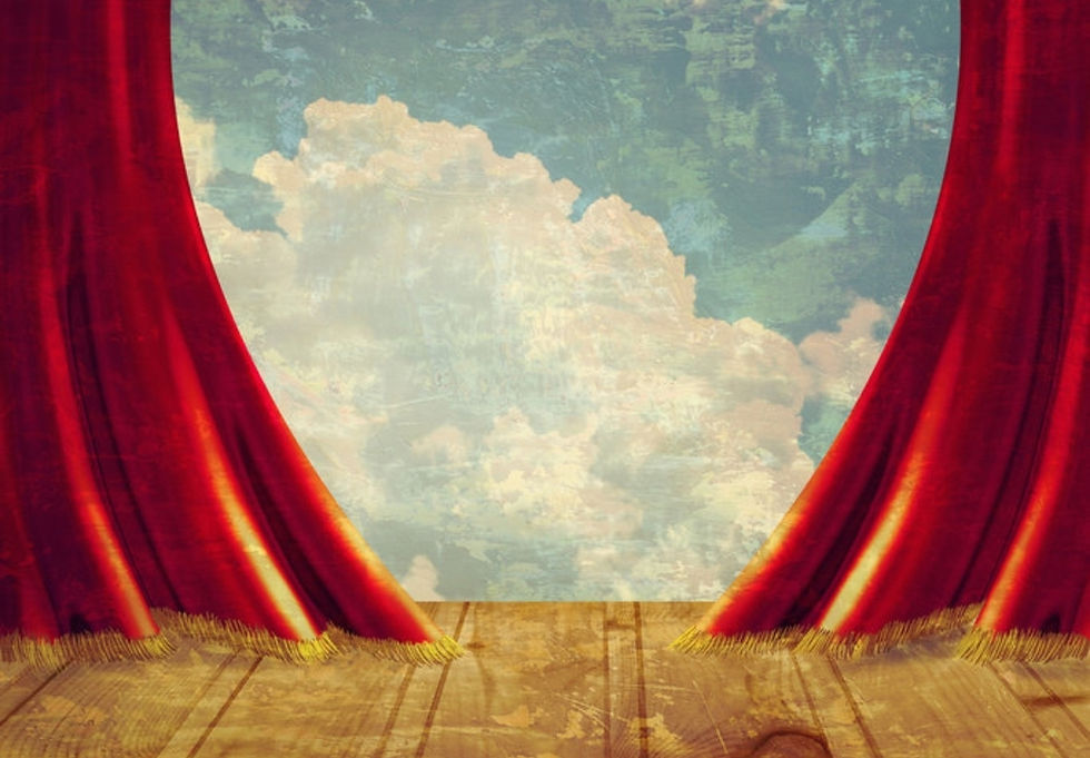 Red curtains parted on a wooden stage reveal a cloudy sky backdrop. The scene evokes a theatrical and dramatic mood.